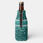 Chic Blauwgroen Faux Glitter en Diamonds Flesjeskoeler (Fles Achterkant)