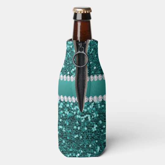 Chic Blauwgroen Faux Glitter en Diamonds Flesjeskoeler (Fles Achterkant)