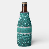 Chic Blauwgroen Faux Glitter en Diamonds Flesjeskoeler (Fles Voorkant)