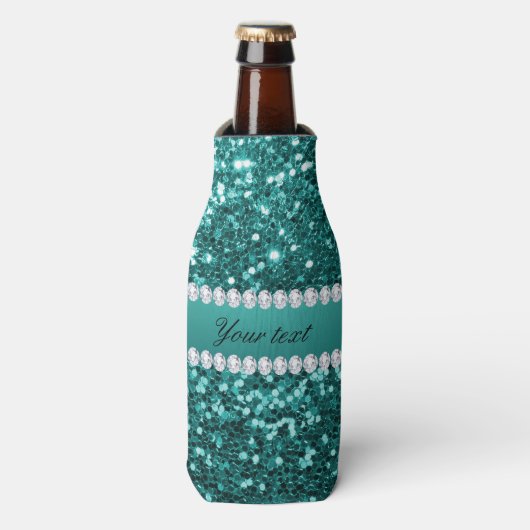 Chic Blauwgroen Faux Glitter en Diamonds Flesjeskoeler (Fles Voorkant)