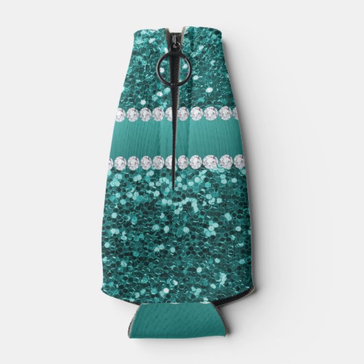 Chic Blauwgroen Faux Glitter en Diamonds Flesjeskoeler (Achterkant)