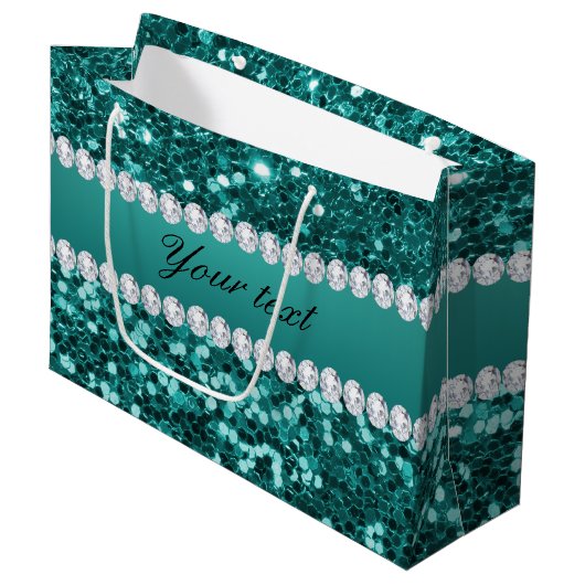 Chic Blauwgroen Faux Glitter en Diamonds Groot Cadeauzakje (Voorkant Gekanteld)