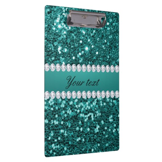 Chic Blauwgroen Faux Glitter en Diamonds Klembord (Rechts)