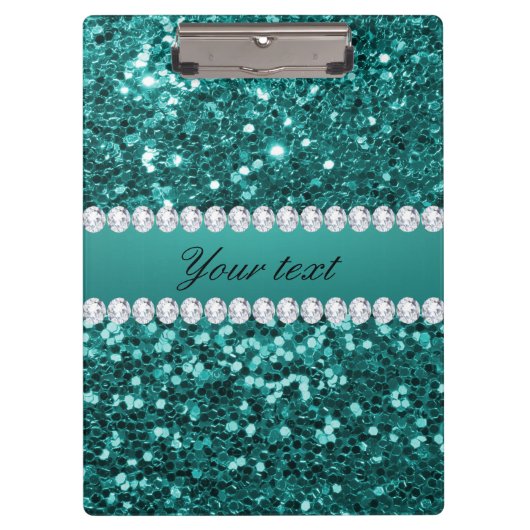 Chic Blauwgroen Faux Glitter en Diamonds Klembord (Voorkant)