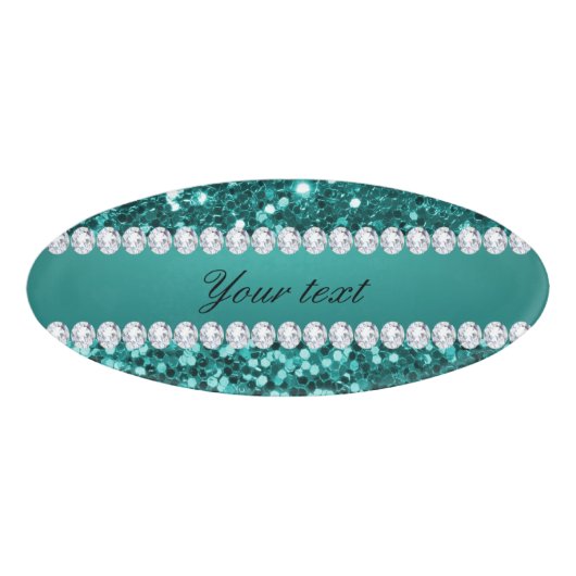 Chic Blauwgroen Faux Glitter en Diamonds Naambadge (Voorkant)