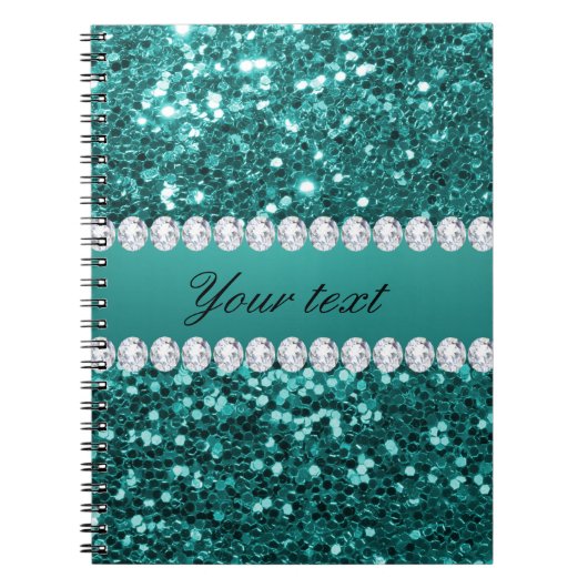 Chic Blauwgroen Faux Glitter en Diamonds Notitieboek (Voorkant)