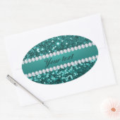 Chic Blauwgroen Faux Glitter en Diamonds Ovale Sticker (Envelop)
