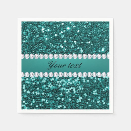 Chic Blauwgroen Faux Glitter en Diamonds Servet (Voorkant)