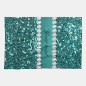 Chic Blauwgroen Faux Glitter en Diamonds Theedoek (Horizontaal)