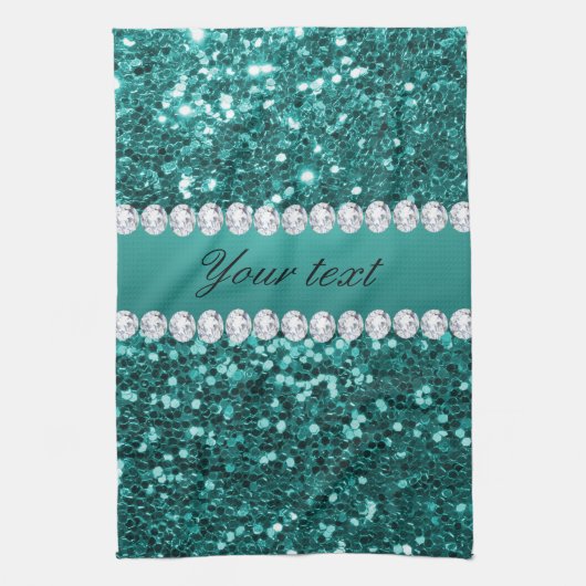 Chic Blauwgroen Faux Glitter en Diamonds Theedoek (Verticaal)
