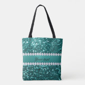 Chic Blauwgroen Faux Glitter en Diamonds Tote Bag (Achterkant)