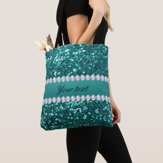 Chic Blauwgroen Faux Glitter en Diamonds Tote Bag (Dichtbij)