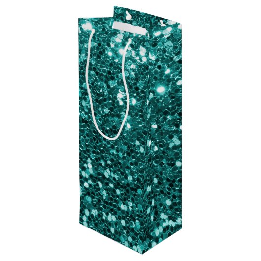 Chic Blauwgroen Faux Glitter Wijn Cadeautas (Achterkant Gekanteld)