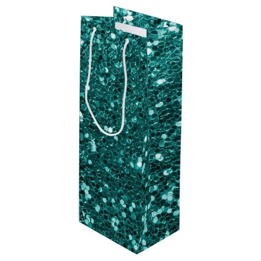 Chic Blauwgroen Faux Glitter Wijn Cadeautas (Voorkant Gekanteld)
