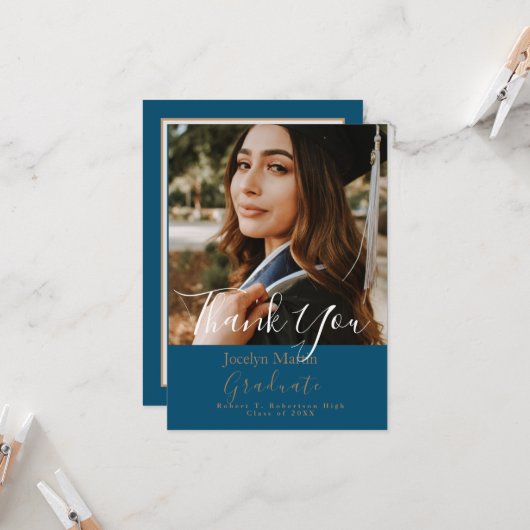 Chic Blauwgroen Foto script Afstuderen Hartelijk d Kaart (Voorkant / Achterkant in situ)