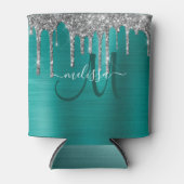 Chic Blauwgroen geborsteld Metaal Silver Glitter D Blikjeskoeler (Voorkant)