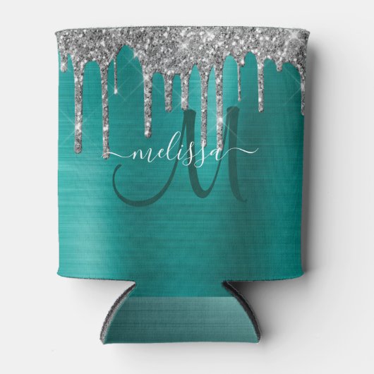 Chic Blauwgroen geborsteld Metaal Silver Glitter D Blikjeskoeler (Voorkant)