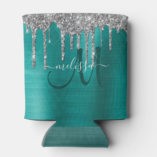 Chic Blauwgroen geborsteld Metaal Silver Glitter D Blikjeskoeler (Achterkant)