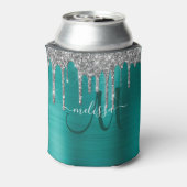 Chic Blauwgroen geborsteld Metaal Silver Glitter D Blikjeskoeler (Blikje Achterkant)