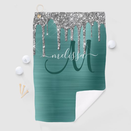 Chic Blauwgroen geborsteld Metaal Silver Glitter D Golfhanddoek (Insitu)