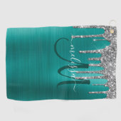 Chic Blauwgroen geborsteld Metaal Silver Glitter D Golfhanddoek (Horizontaal)