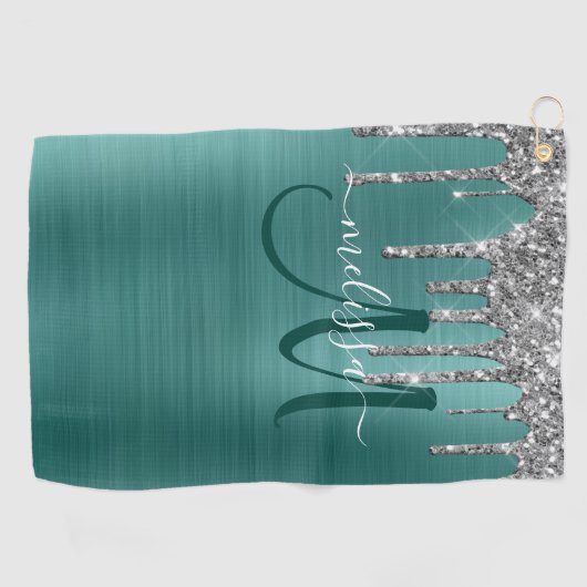 Chic Blauwgroen geborsteld Metaal Silver Glitter D Golfhanddoek (Horizontaal)