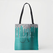 Chic Blauwgroen geborsteld Metaal Silver Glitter D Tote Bag (Voorkant)