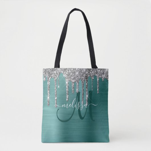 Chic Blauwgroen geborsteld Metaal Silver Glitter D Tote Bag (Voorkant)