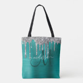 Chic Blauwgroen geborsteld Metaal Silver Glitter D Tote Bag (Achterkant)