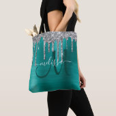 Chic Blauwgroen geborsteld Metaal Silver Glitter D Tote Bag (Dichtbij)