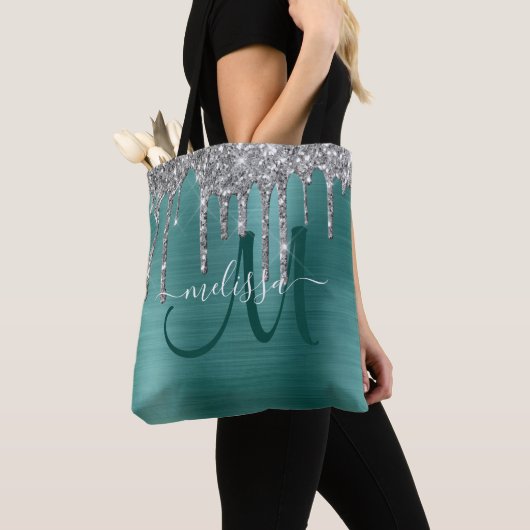 Chic Blauwgroen geborsteld Metaal Silver Glitter D Tote Bag (Dichtbij)