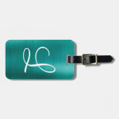 Chic Blauwgroen geborsteld metaal wit monogram Bagagelabel (Voorkant horizontaal)