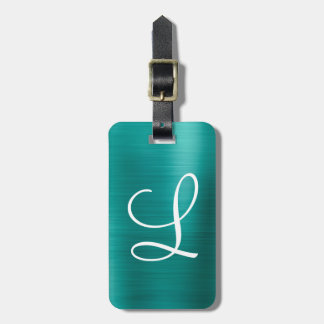 Chic Blauwgroen geborsteld metaal wit monogram Bagagelabel