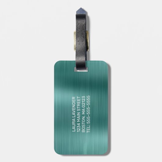 Chic Blauwgroen geborsteld metaal wit monogram Bagagelabel (Achterkant verticaal)