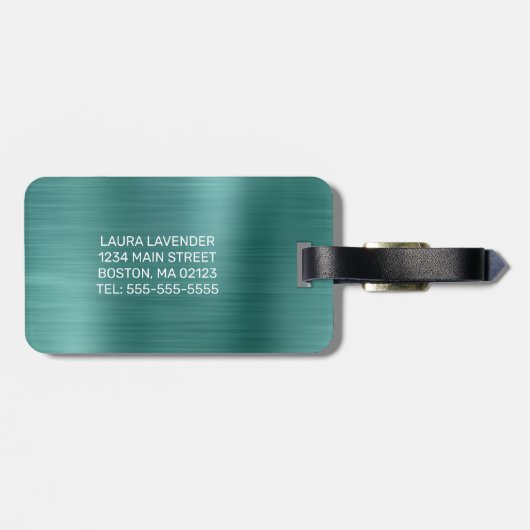 Chic Blauwgroen geborsteld metaal wit monogram Bagagelabel (Achterkant horizontaal)