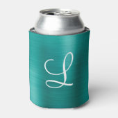 Chic Blauwgroen geborsteld metaal wit monogram Blikjeskoeler (Blikje Voorkant)
