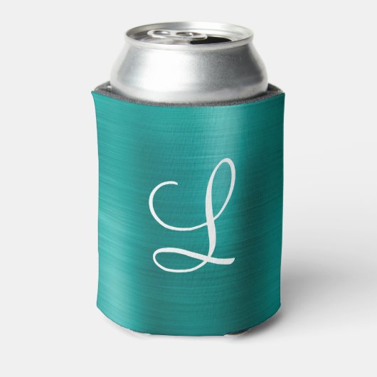 Chic Blauwgroen geborsteld metaal wit monogram Blikjeskoeler (Blikje Achterkant)