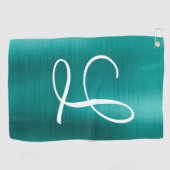 Chic Blauwgroen geborsteld metaal wit monogram Golfhanddoek (Horizontaal)