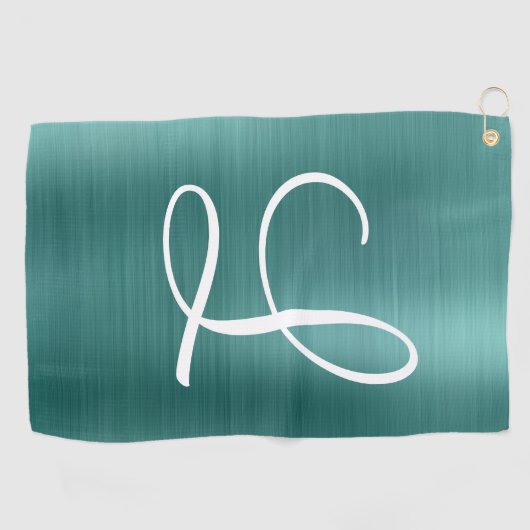 Chic Blauwgroen geborsteld metaal wit monogram Golfhanddoek (Horizontaal)