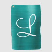 Chic Blauwgroen geborsteld metaal wit monogram Golfhanddoek (Voorkant)