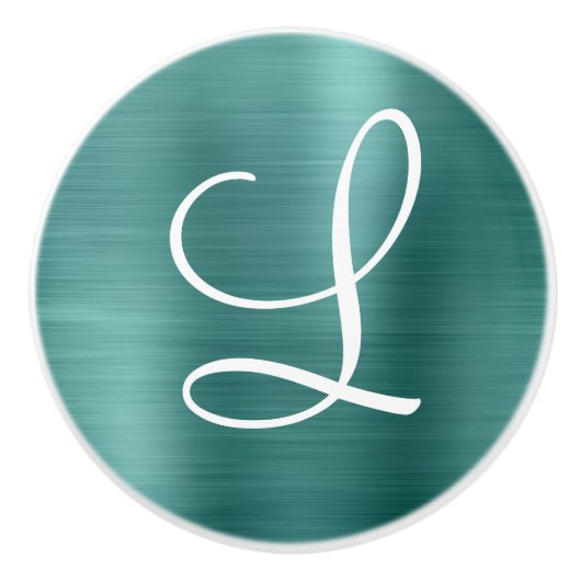 Chic Blauwgroen geborsteld metaal wit monogram Keramische Knop (Voorkant)