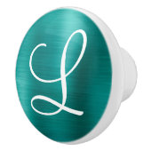 Chic Blauwgroen geborsteld metaal wit monogram Keramische Knop (Rechts)