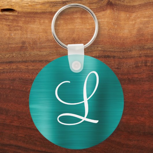 Chic Blauwgroen geborsteld metaal wit monogram Sleutelhanger (Achterkant)