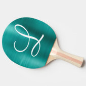 Chic Blauwgroen geborsteld metaal wit monogram Tafeltennisbatje (Zijkant)