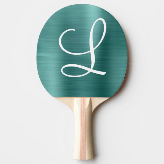 Chic Blauwgroen geborsteld metaal wit monogram Tafeltennisbatje (Voorkant)