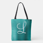 Chic Blauwgroen geborsteld metaal wit monogram Tote Bag (Achterkant)