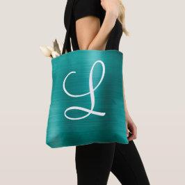 Chic Blauwgroen geborsteld metaal wit monogram Tote Bag