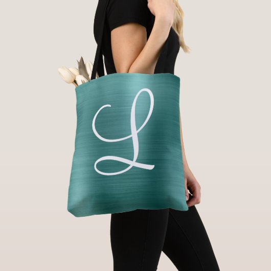 Chic Blauwgroen geborsteld metaal wit monogram Tote Bag (Dichtbij)
