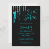 Chic Blauwgroen Glitter Drips Sweet 16 Birthday Kaart (Voorkant)