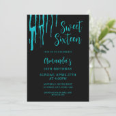 Chic Blauwgroen Glitter Drips Sweet 16 Birthday Kaart (Staand voorkant)